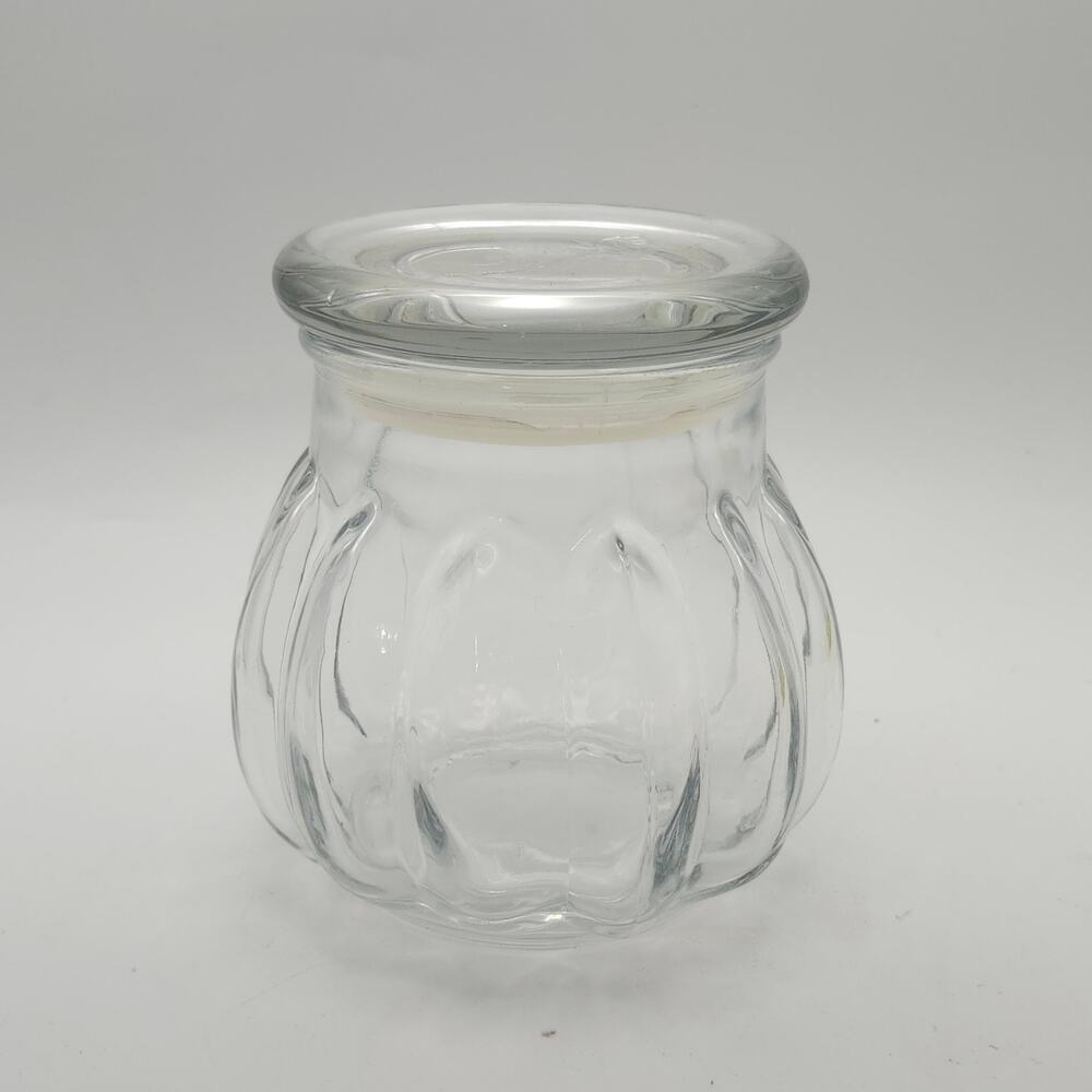 Small Clear Glass Pumpkin Covered Jar Rose Lid Candy Dish Vanity Trinket Decor